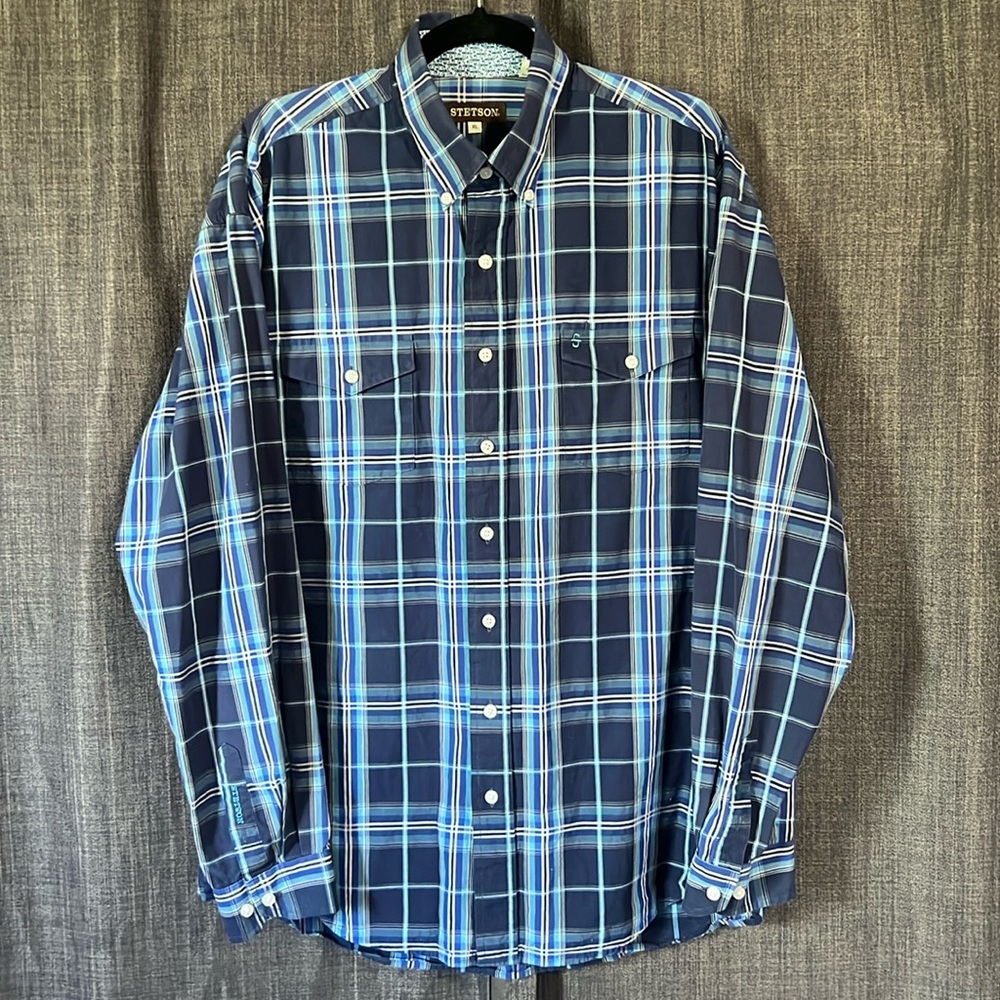 Stetson blue plaid button down shirt size XL western